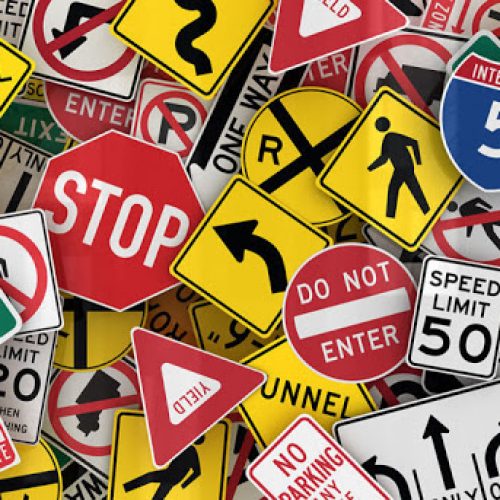 Many american traffic signs mixed together